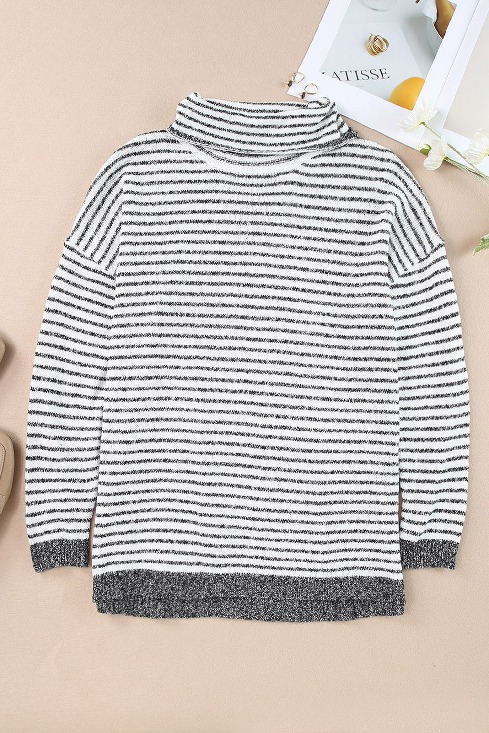 Isla - Pull col roulé rayé gris pour femme