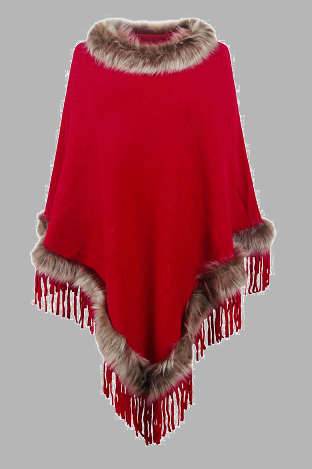 Sofia - Poncho à franges avec bordure en fausse fourrure pour femme