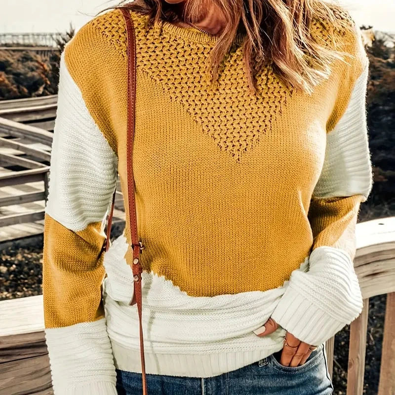 Mila - Gingembre Pull Color Block avec Col Rond pour Femmes