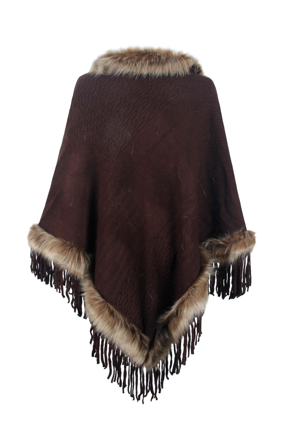 Sofia - Poncho à franges avec bordure en fausse fourrure pour femme