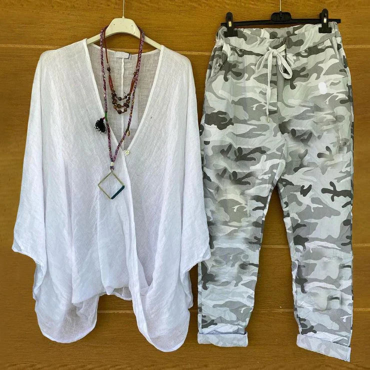 Gloria - Groovy Camouflage Pantalon à Cordon De Serrage Tunique Blanche 2 Pièces