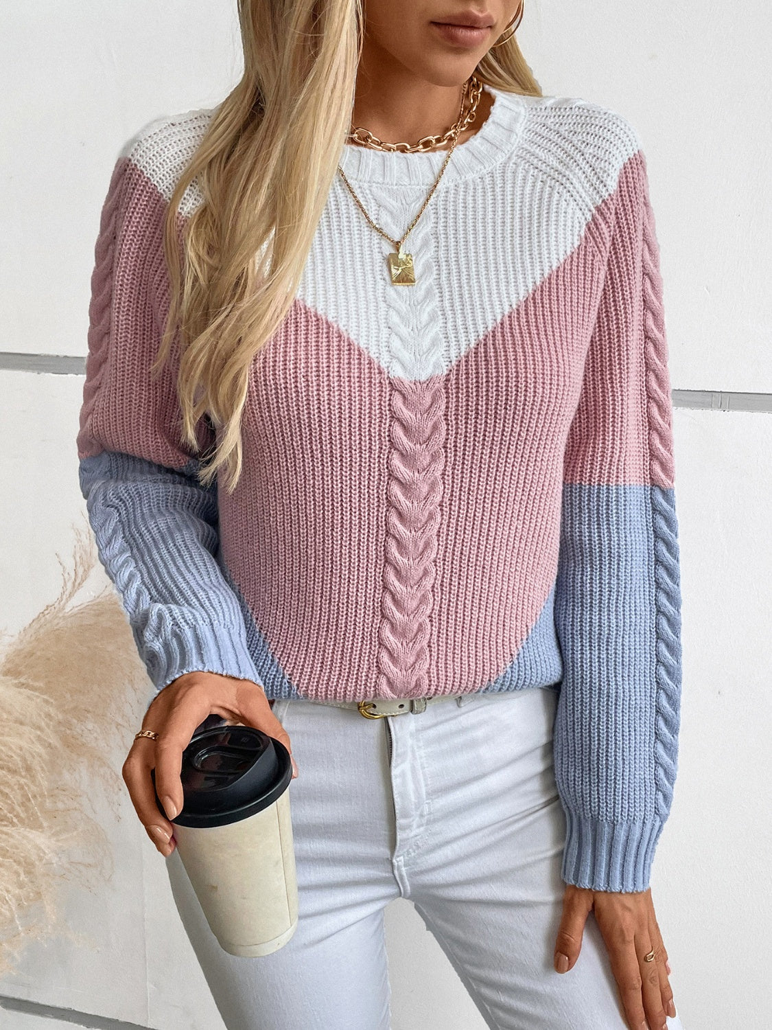 Mila - Pull à manches longues et col rond à blocs de couleurs pour femme