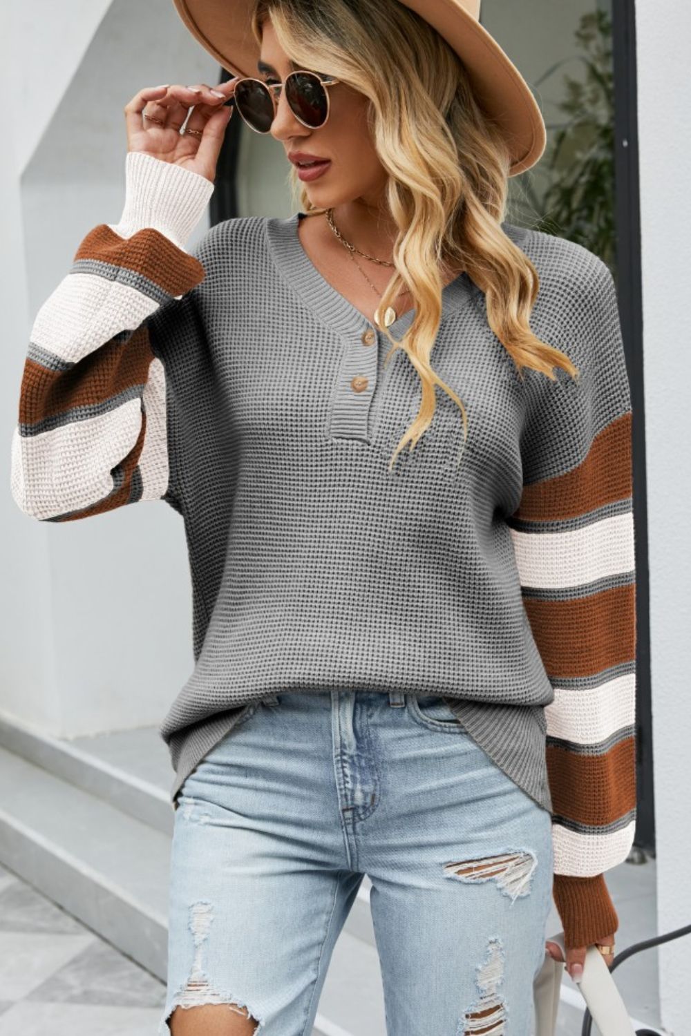 Maya - Pull en maille avec bouton et blocs de couleur pour femme