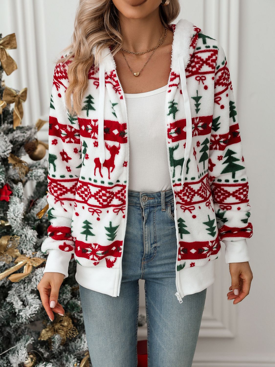Lena - Blanc Veste de Noël à Capuche avec Fermeture Éclair pour Femme