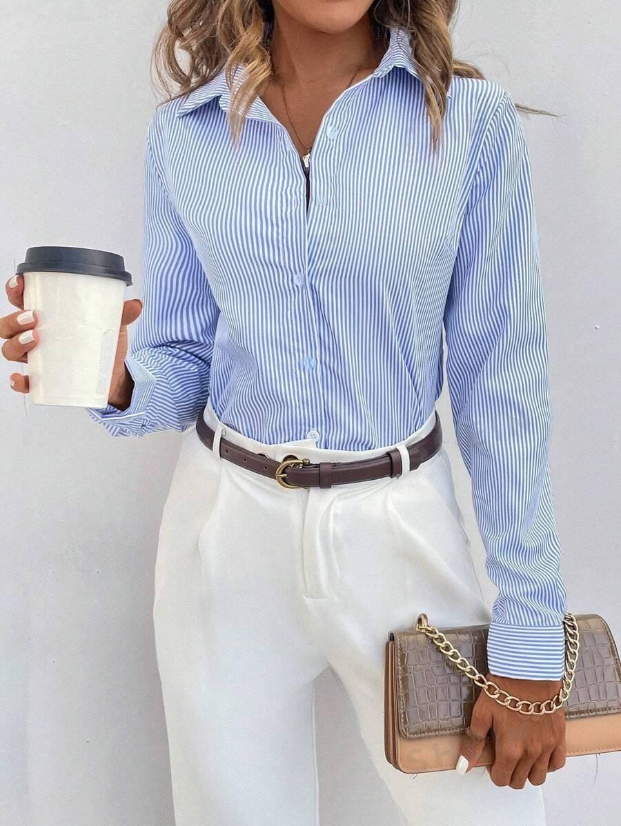Marina - Blouse Classique à Rayures Bleu Clair pour Femme