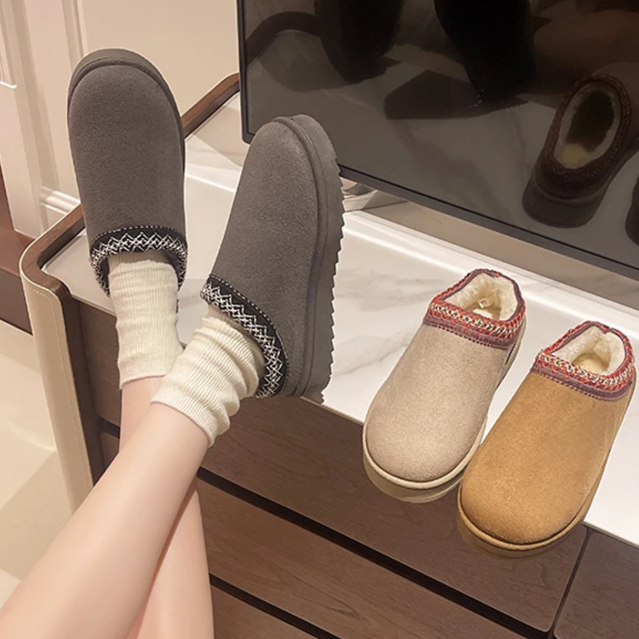 Élisa - MonAmi velours fourrure bottes plates doublées doux