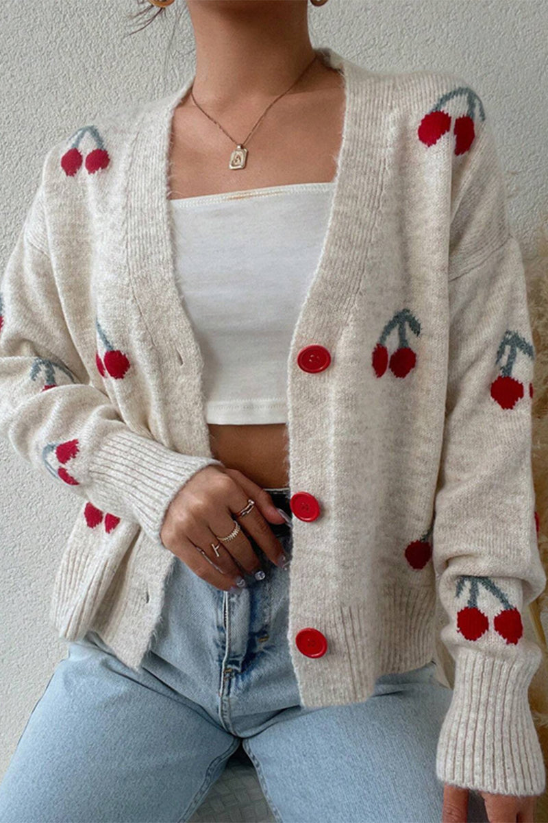 Lila - Cardigan Patchwork à Col V avec Boutons en Forme de Fruits pour Femme