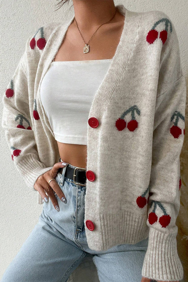 Lila - Cardigan Patchwork à Col V avec Boutons en Forme de Fruits pour Femme