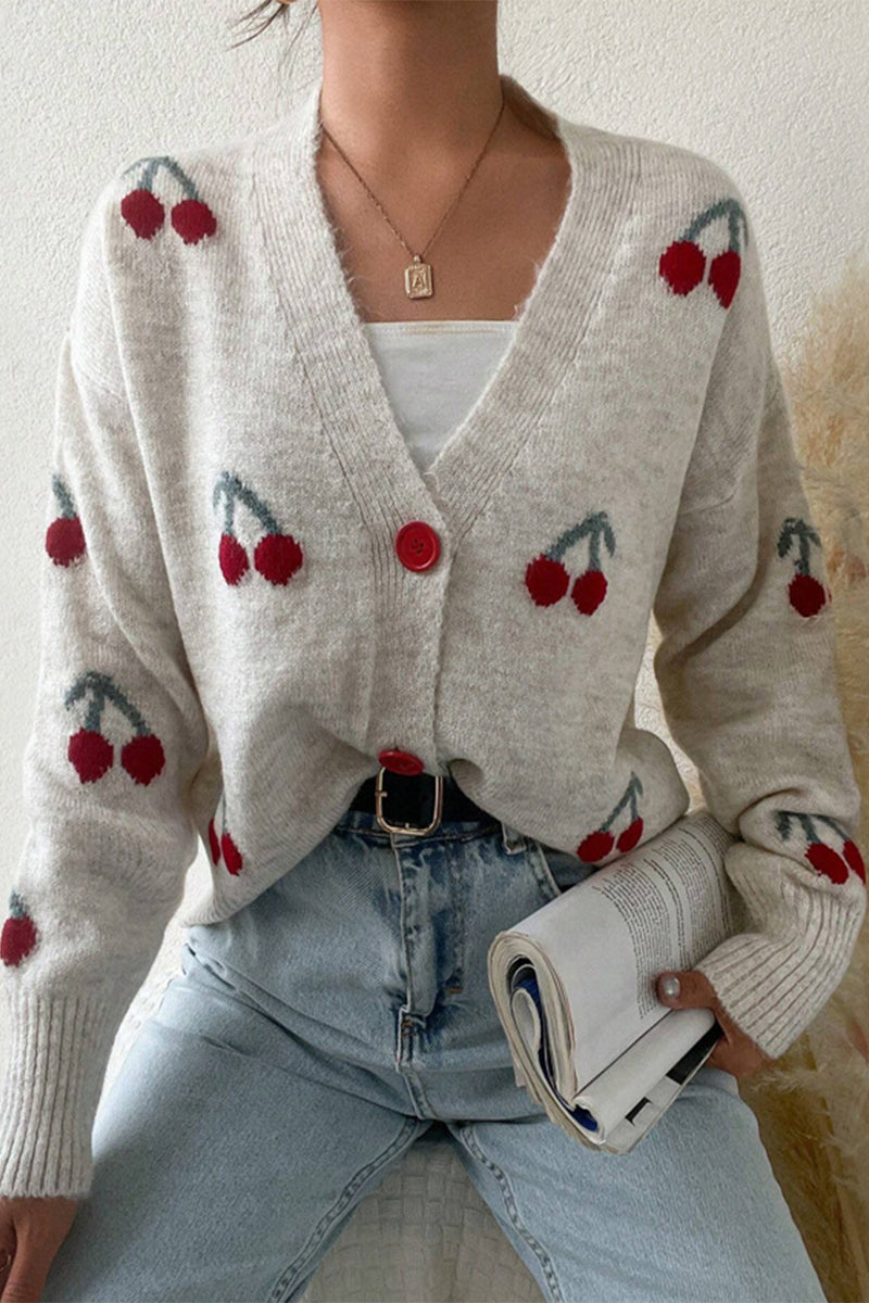 Lila - Cardigan Patchwork à Col V avec Boutons en Forme de Fruits pour Femme