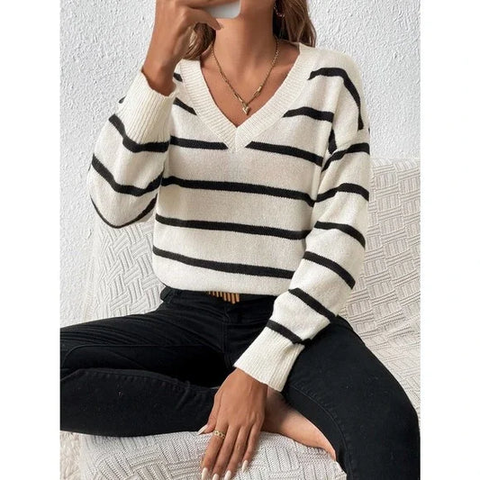 Élégant pull rayé à col en V