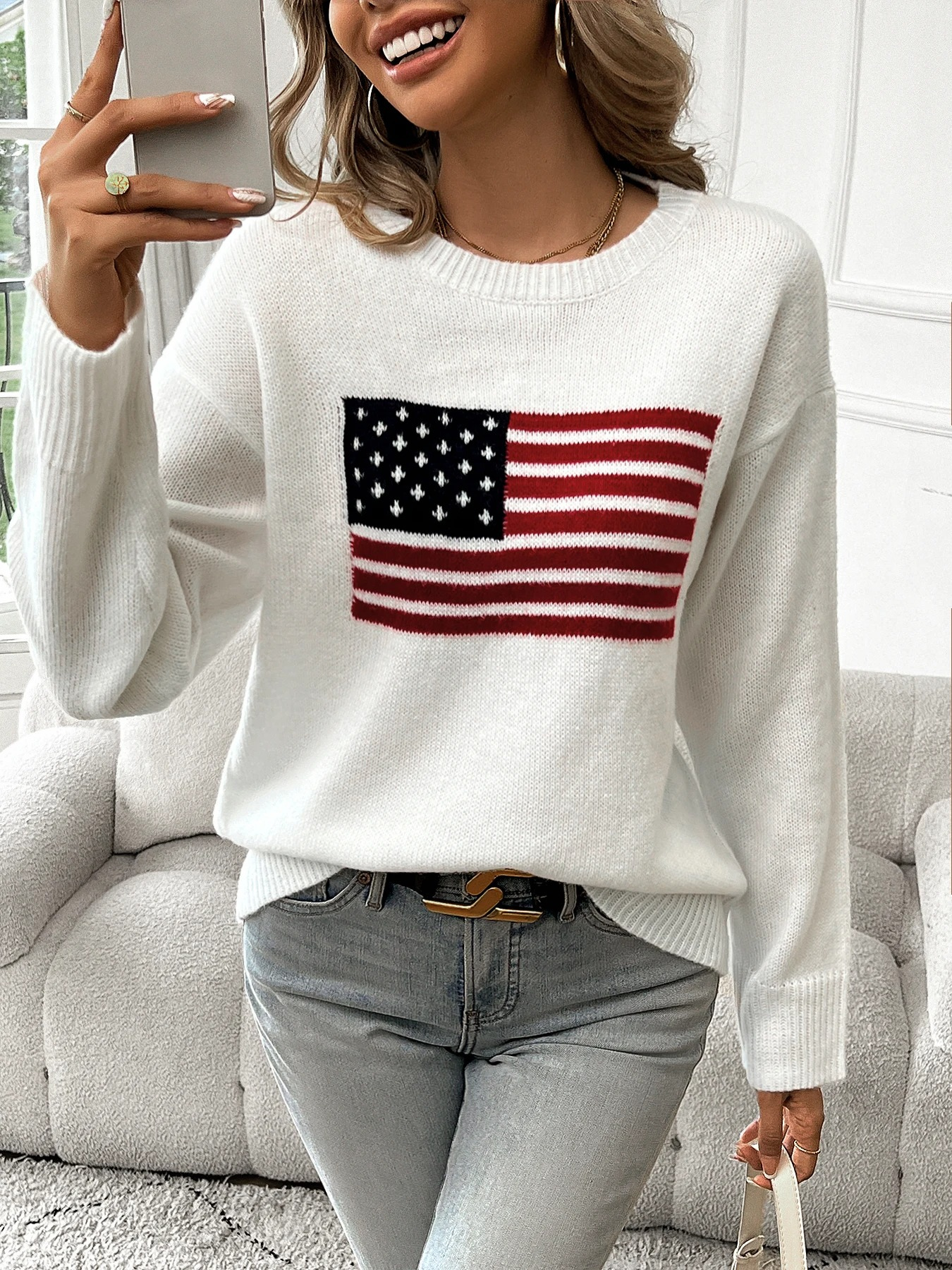 Nina - Pull Tricoté Décontracté Blanc avec Imprimé Drapeau Américain pour Femmes