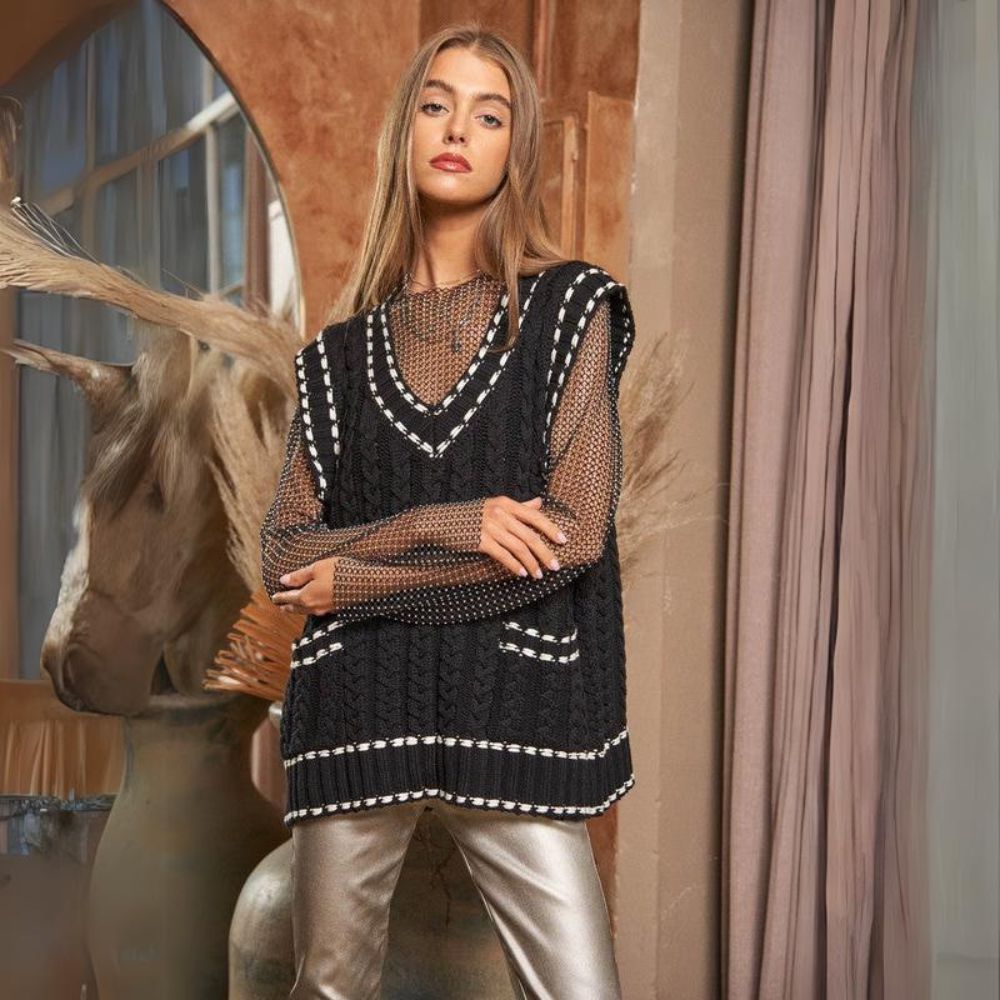 Lea - Gilet en maille multicouche avec résille et garniture contrastée