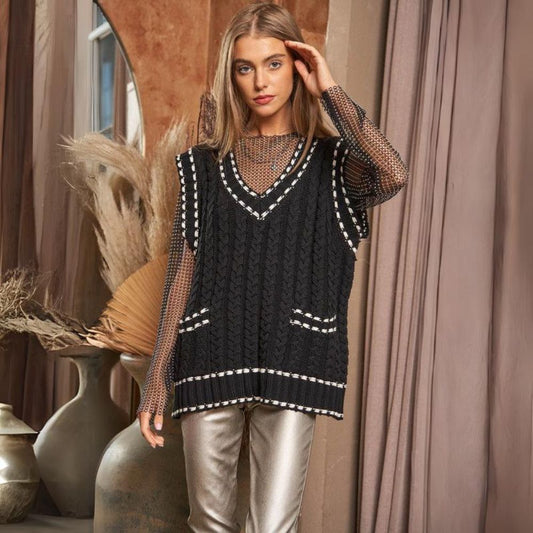 Lea - Gilet en maille multicouche avec résille et garniture contrastée