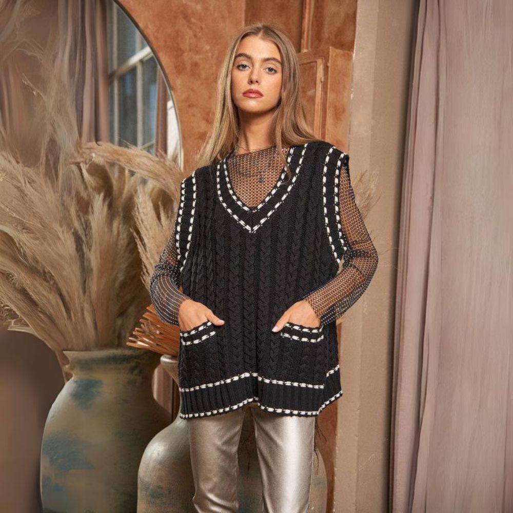 Lea - Gilet en maille multicouche avec résille et garniture contrastée