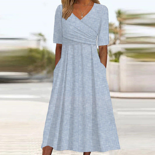 Bianca - Robe midi rayée bleue à manches courtes