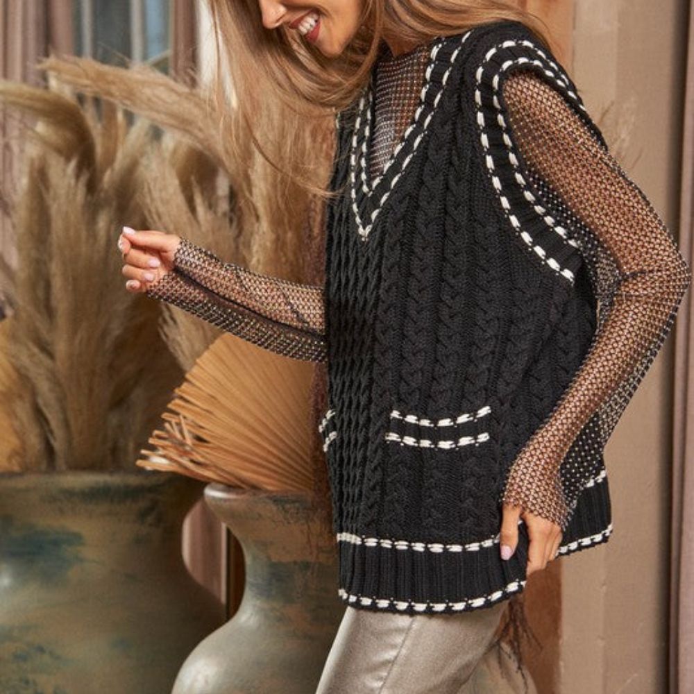 Lea - Gilet en maille multicouche avec résille et garniture contrastée