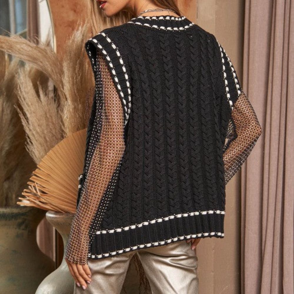 Lea - Gilet en maille multicouche avec résille et garniture contrastée