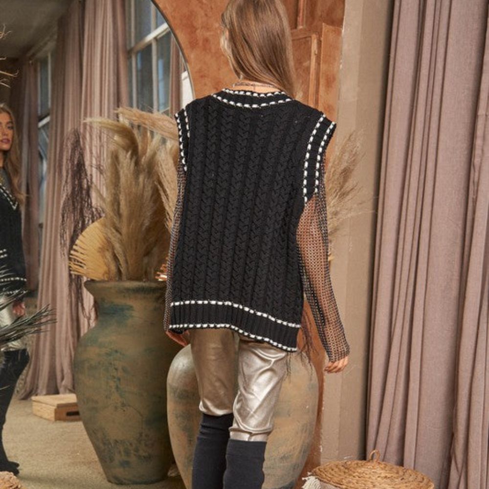 Lea - Gilet en maille multicouche avec résille et garniture contrastée