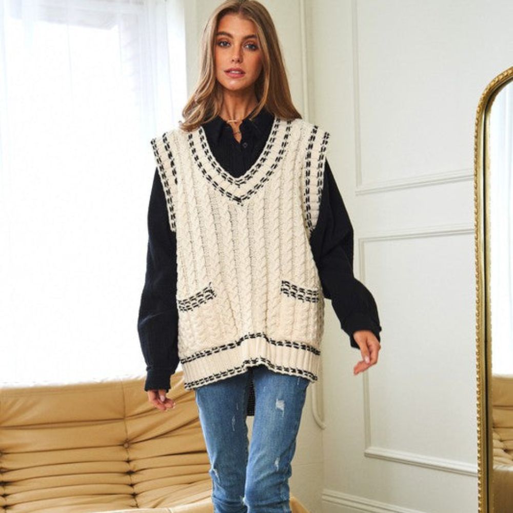 Lea - Gilet en maille multicouche avec résille et garniture contrastée
