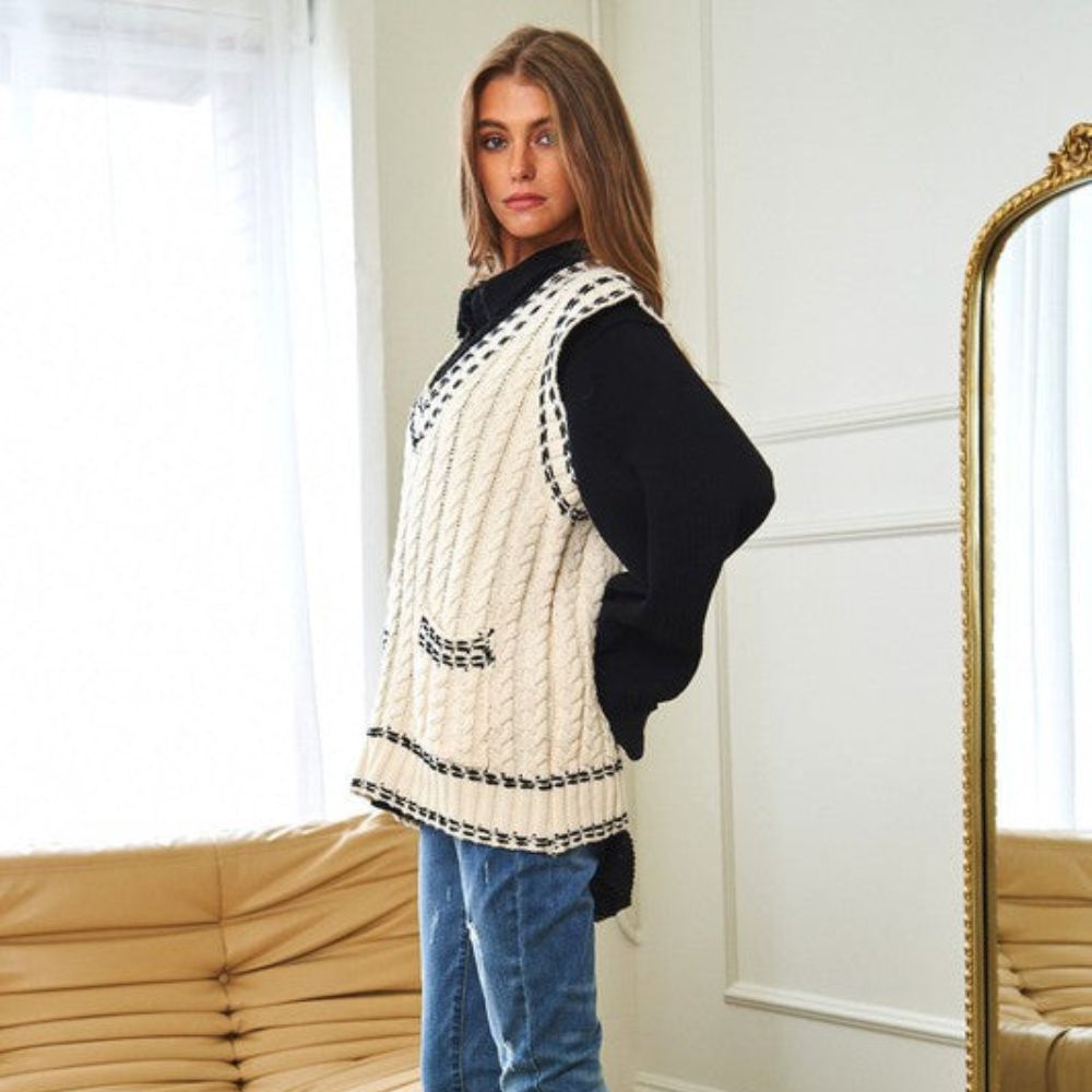 Lea - Gilet en maille multicouche avec résille et garniture contrastée