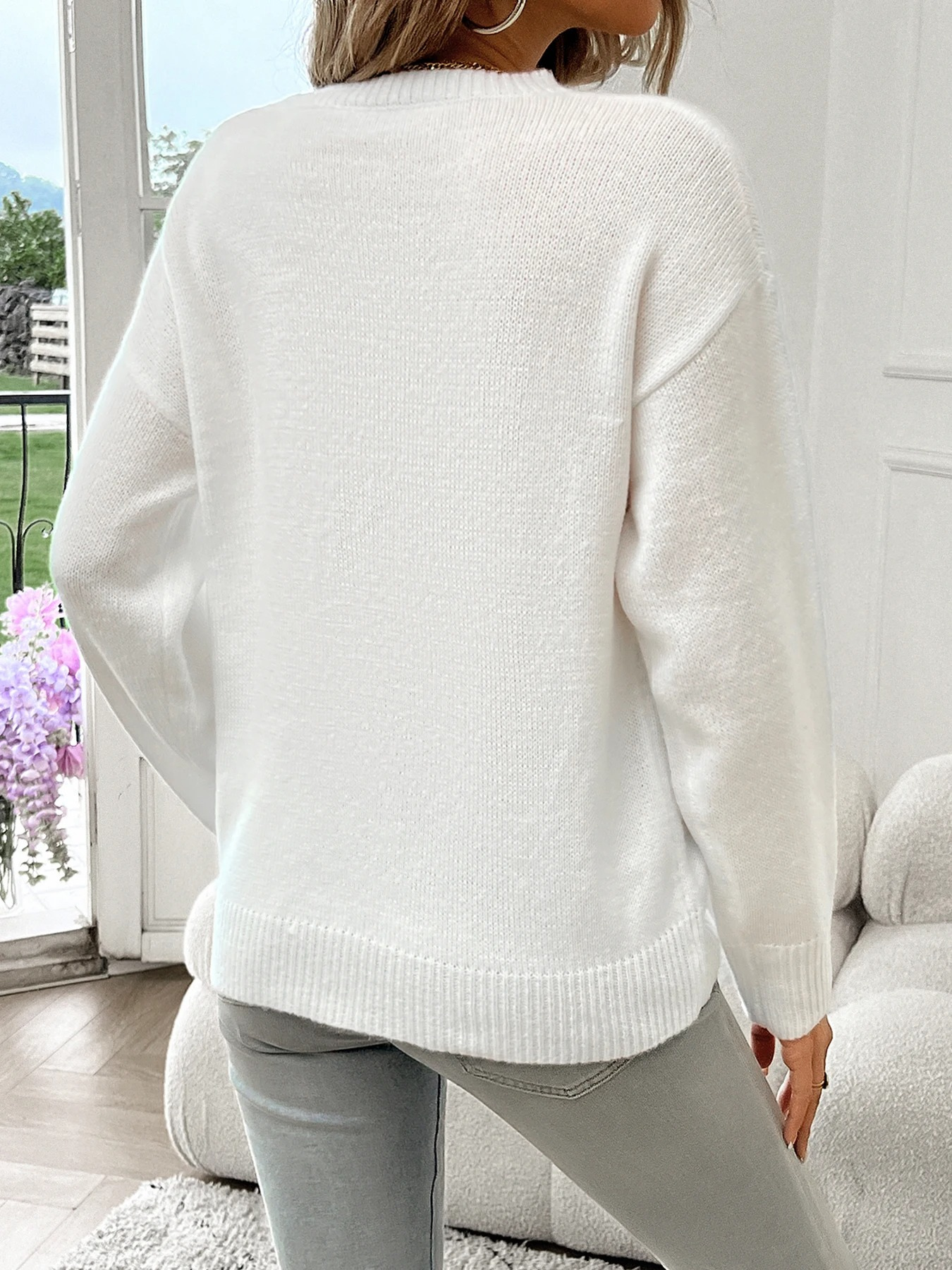 Nina - Pull Tricoté Décontracté Blanc avec Imprimé Drapeau Américain pour Femmes