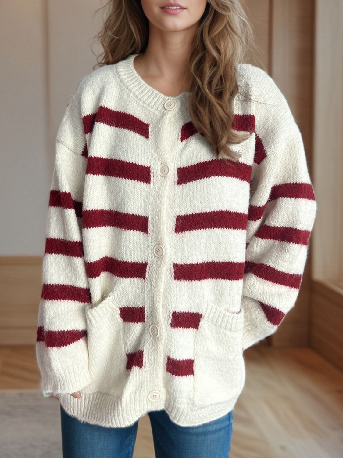 Lea - Cardigan à rayures boutonné et manches longues pour femme