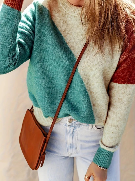 Nina - Vert Pull avec Design Color Block pour Femmes