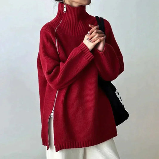 Kaylor - Pull Rouge Uni à Col Haut pour Femmes