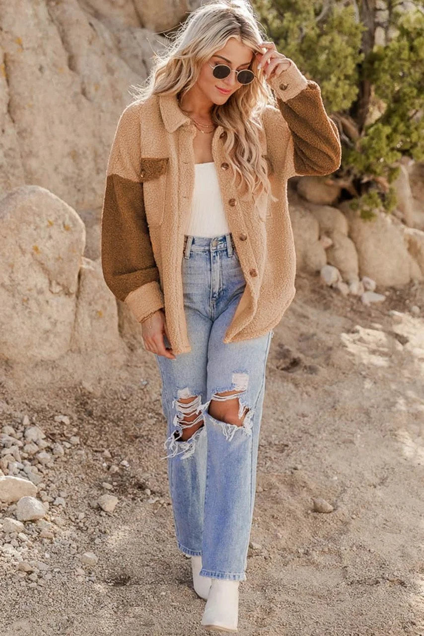 Veste en Sherpa Camel Colorblock avec Poches - Élégante et Chaude