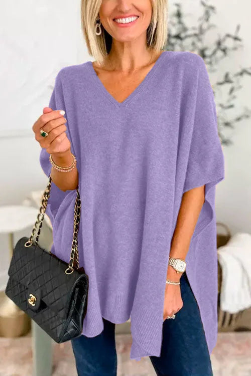 Jessica - Pull poncho uni avec encolure en V, coupe ample et élégante