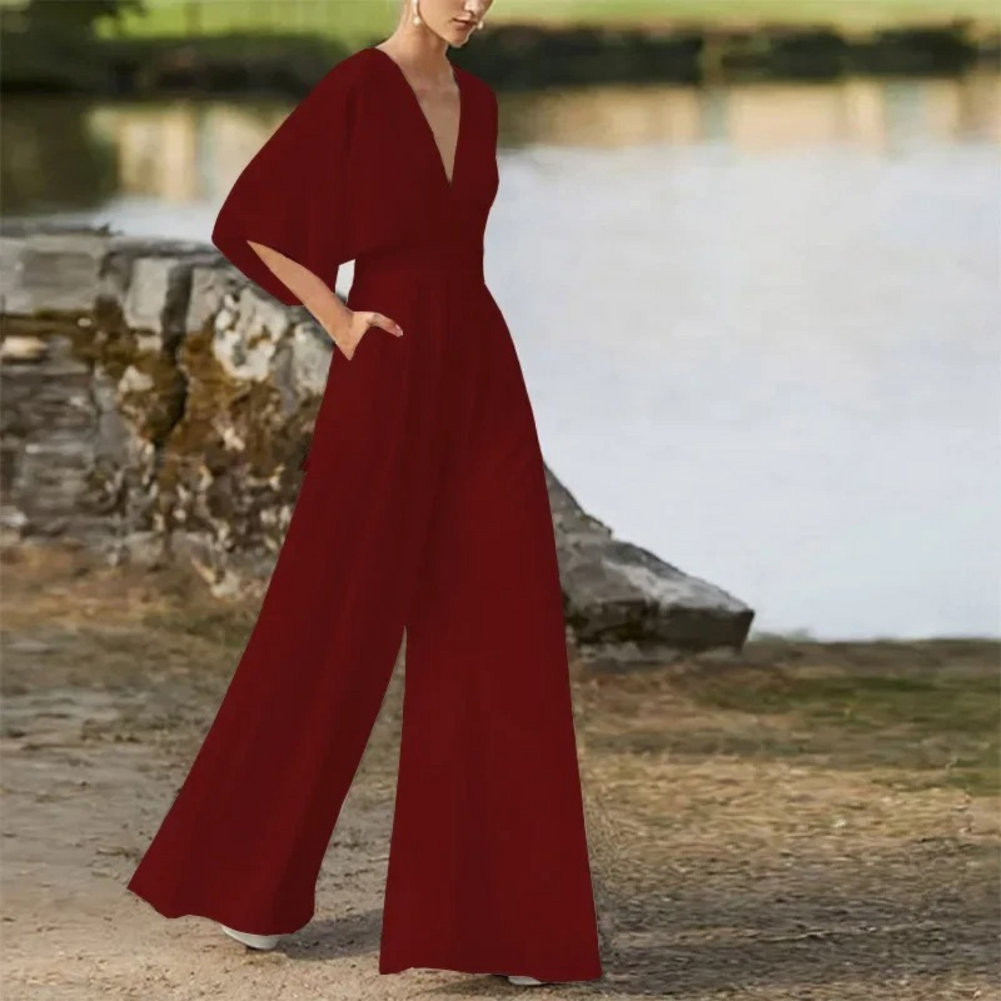 Jentry - Combinaison élégante à col en V avec pantalon ample