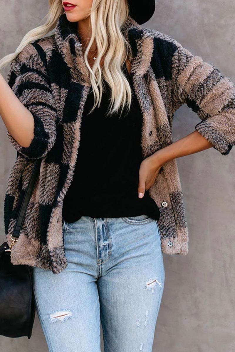 Veste en peluche avec col châle et motif à carreaux élégant