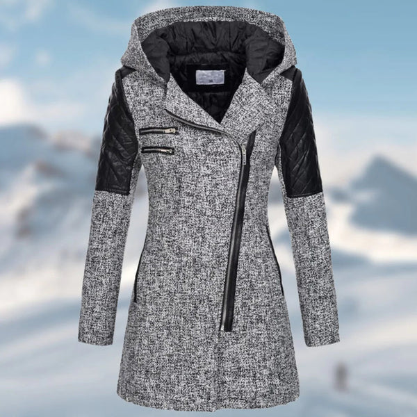Manteau d'hiver isolé avec capuche, fermeture éclair et détails en cuir