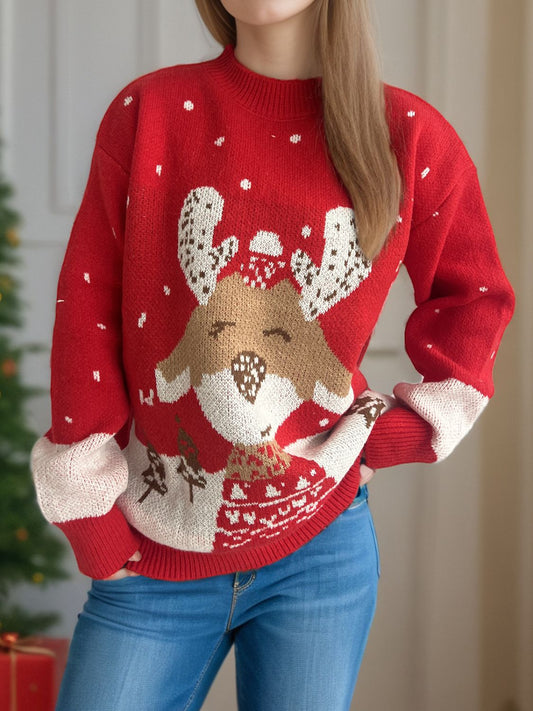 Laila - Pull à col montant avec motif de renne et manches longues pour femme