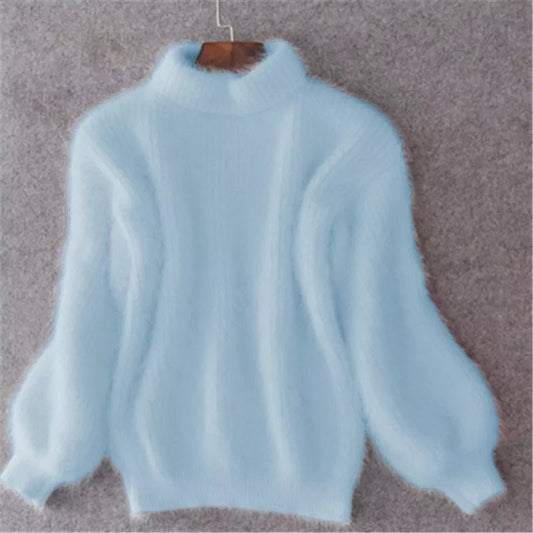 Pull Tricot Lâche en Couleur Unie - Pull en Angora Style Vintage pour Femmes