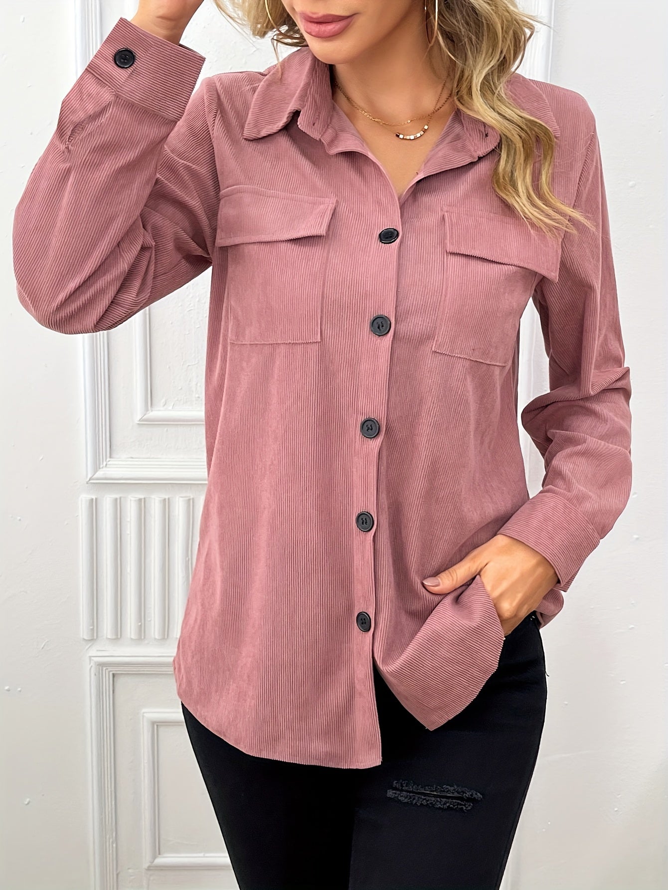 Elena - Veste-Chemise Rose avec Poches Poitrine pour Femmes