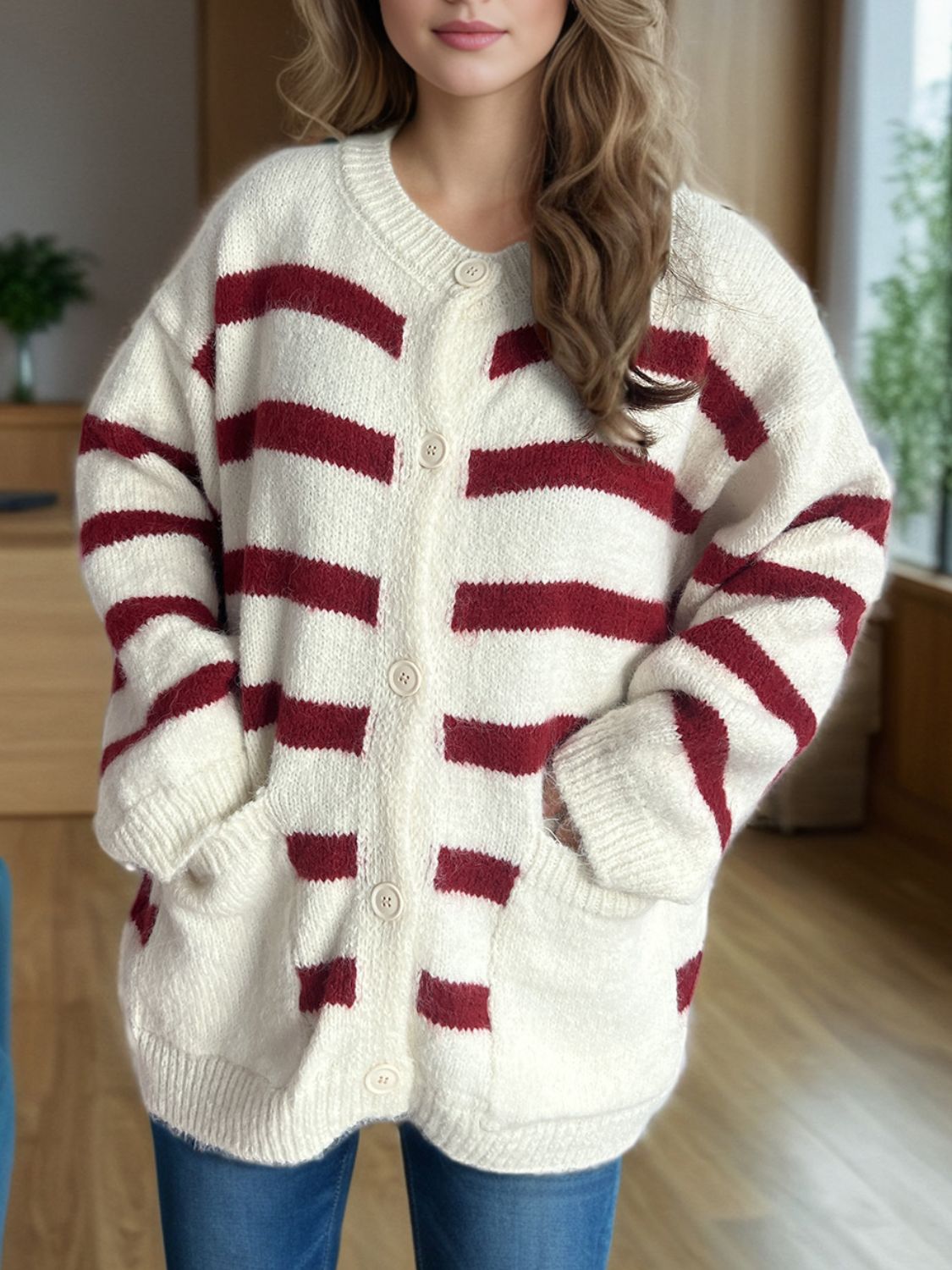 Lea - Cardigan à rayures boutonné et manches longues pour femme