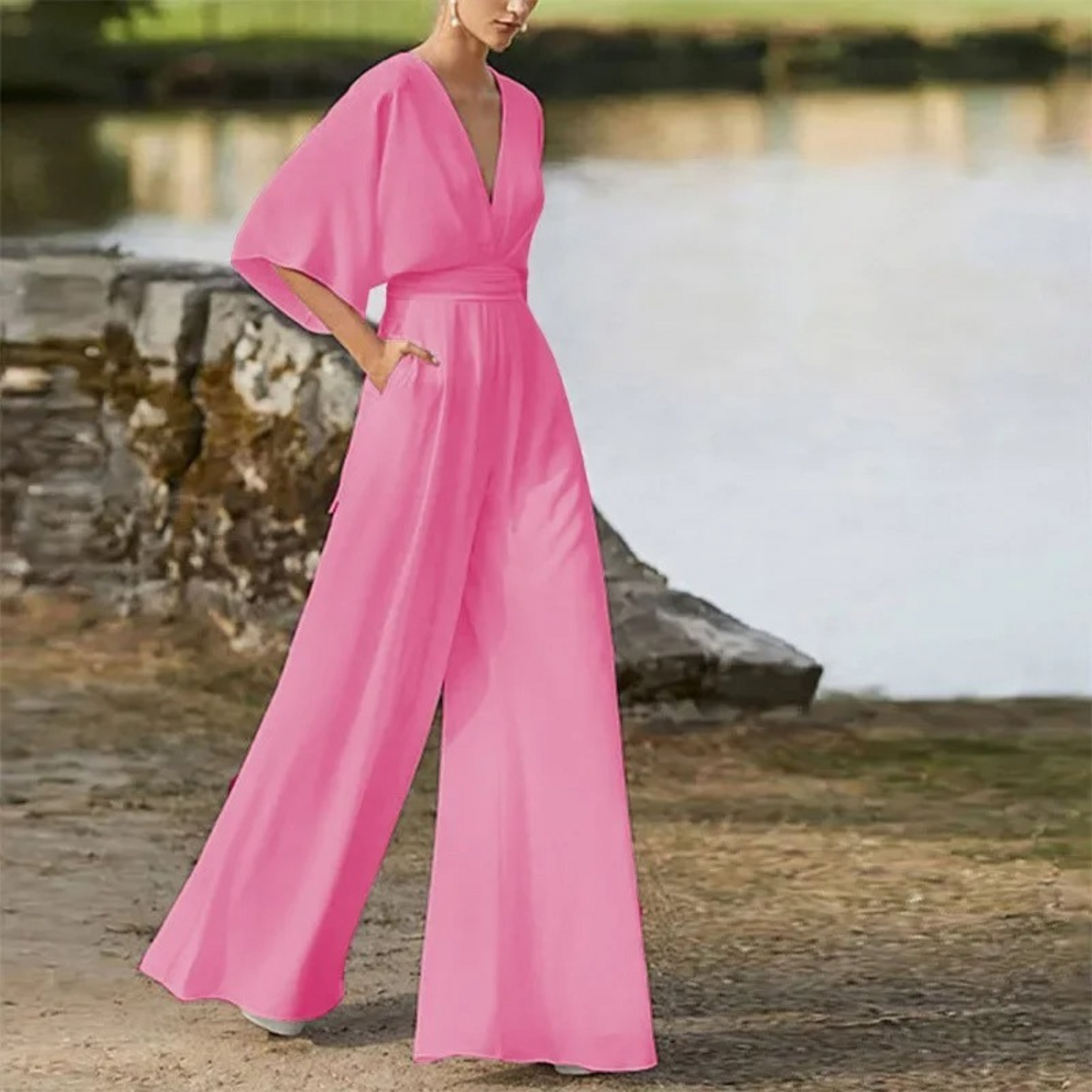 Jentry - Combinaison élégante à col en V avec pantalon ample
