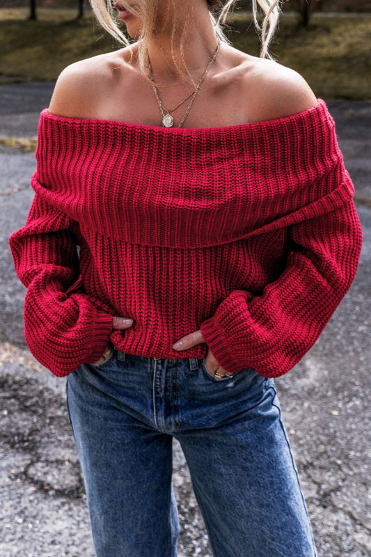Isla - Rouge foncé Pull à épaules dénudées et manches longues pour femme