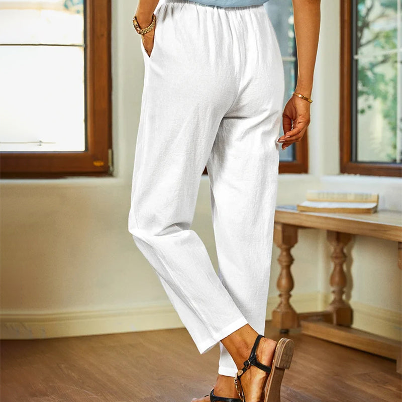 Amandine - Pantalon décontracté en coton et lin de couleur