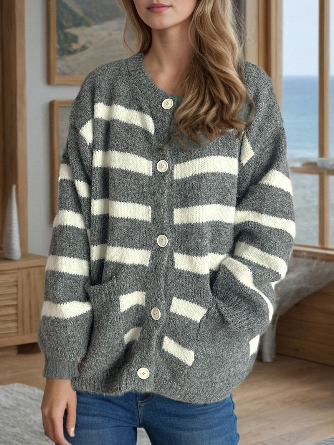 Lea - Cardigan à rayures boutonné et manches longues pour femme