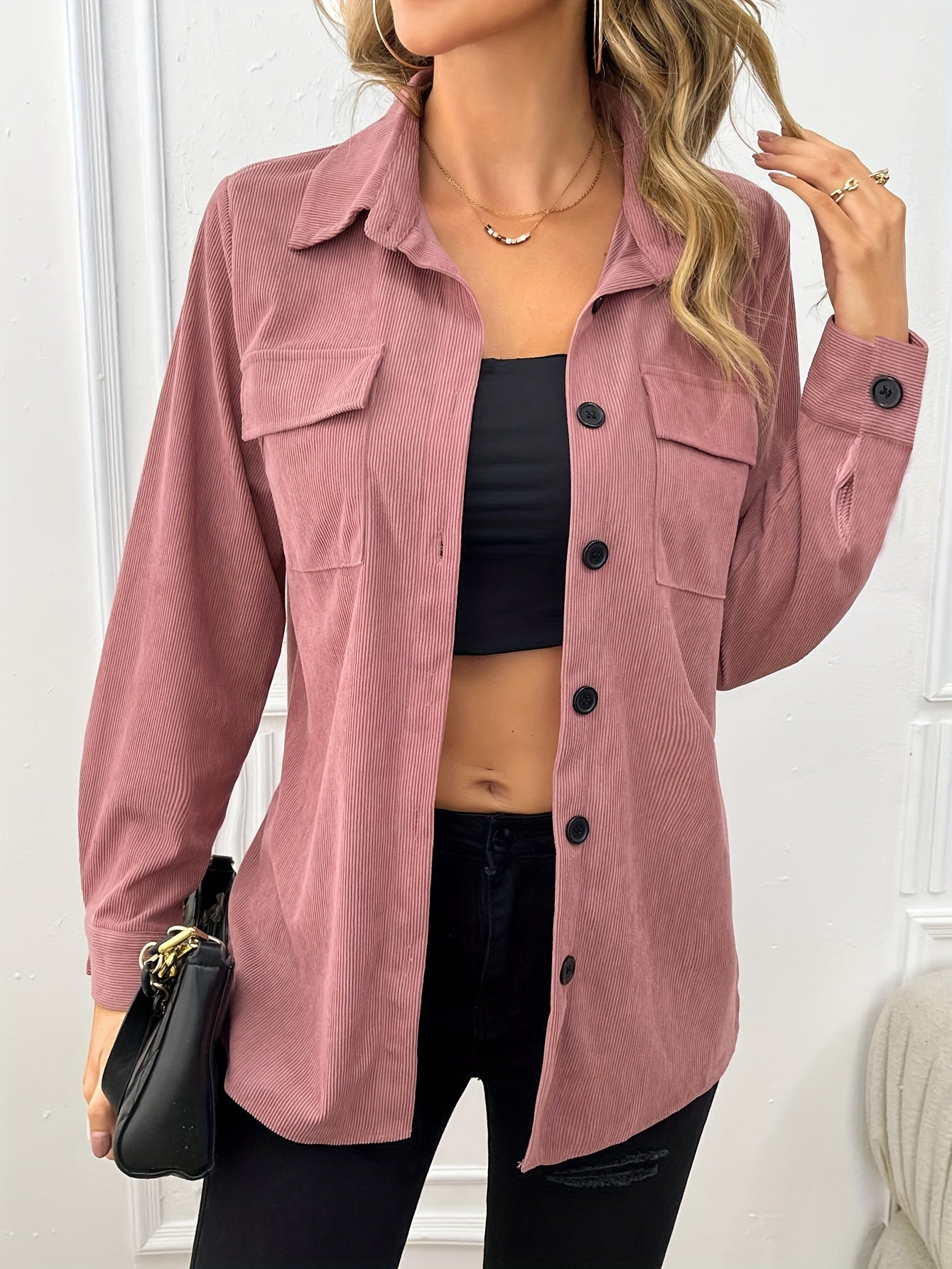 Elena - Veste-Chemise Rose avec Poches Poitrine pour Femmes