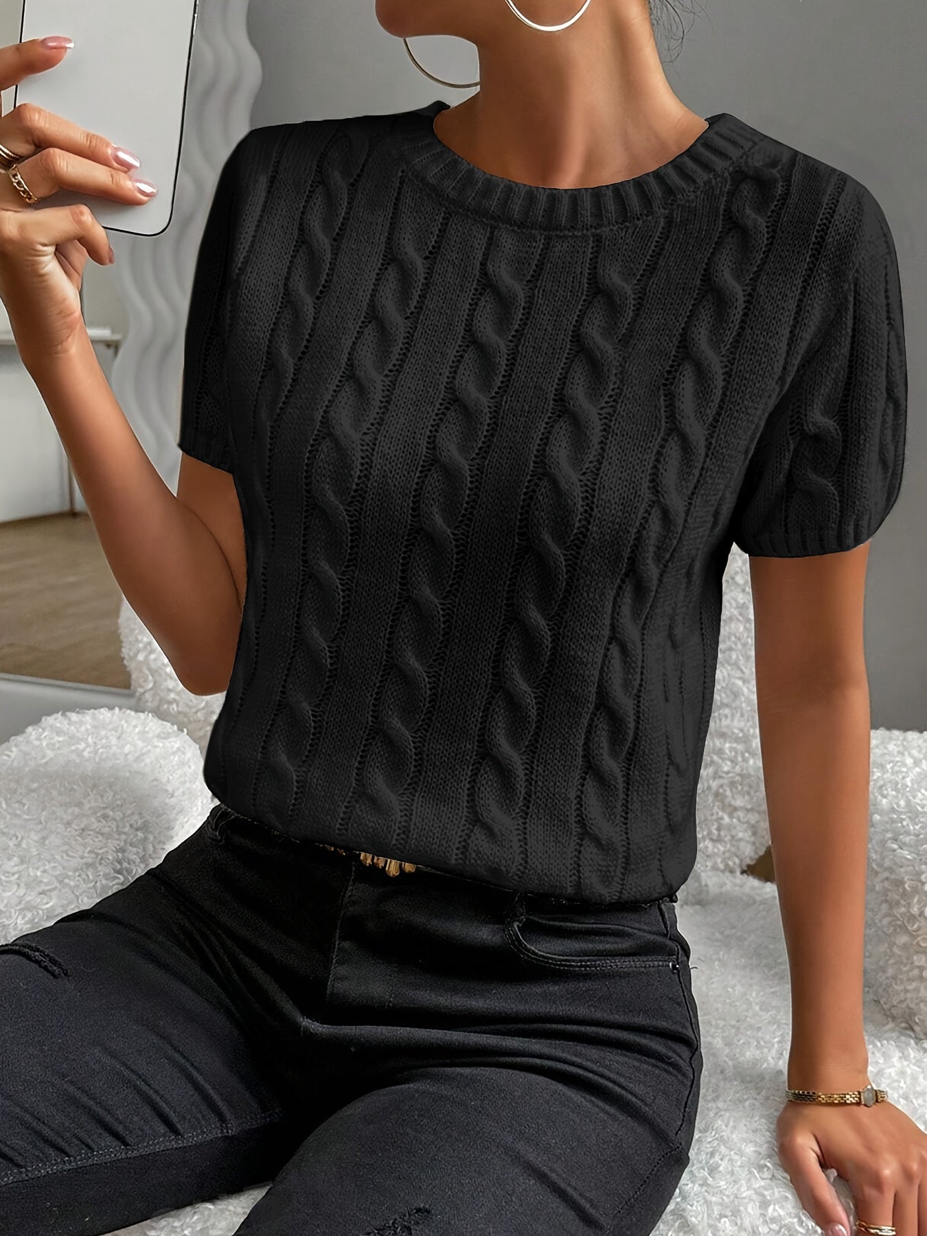 Greta - Haut Tricoté avec Motif Torsadé et Manches Courtes pour Femmes