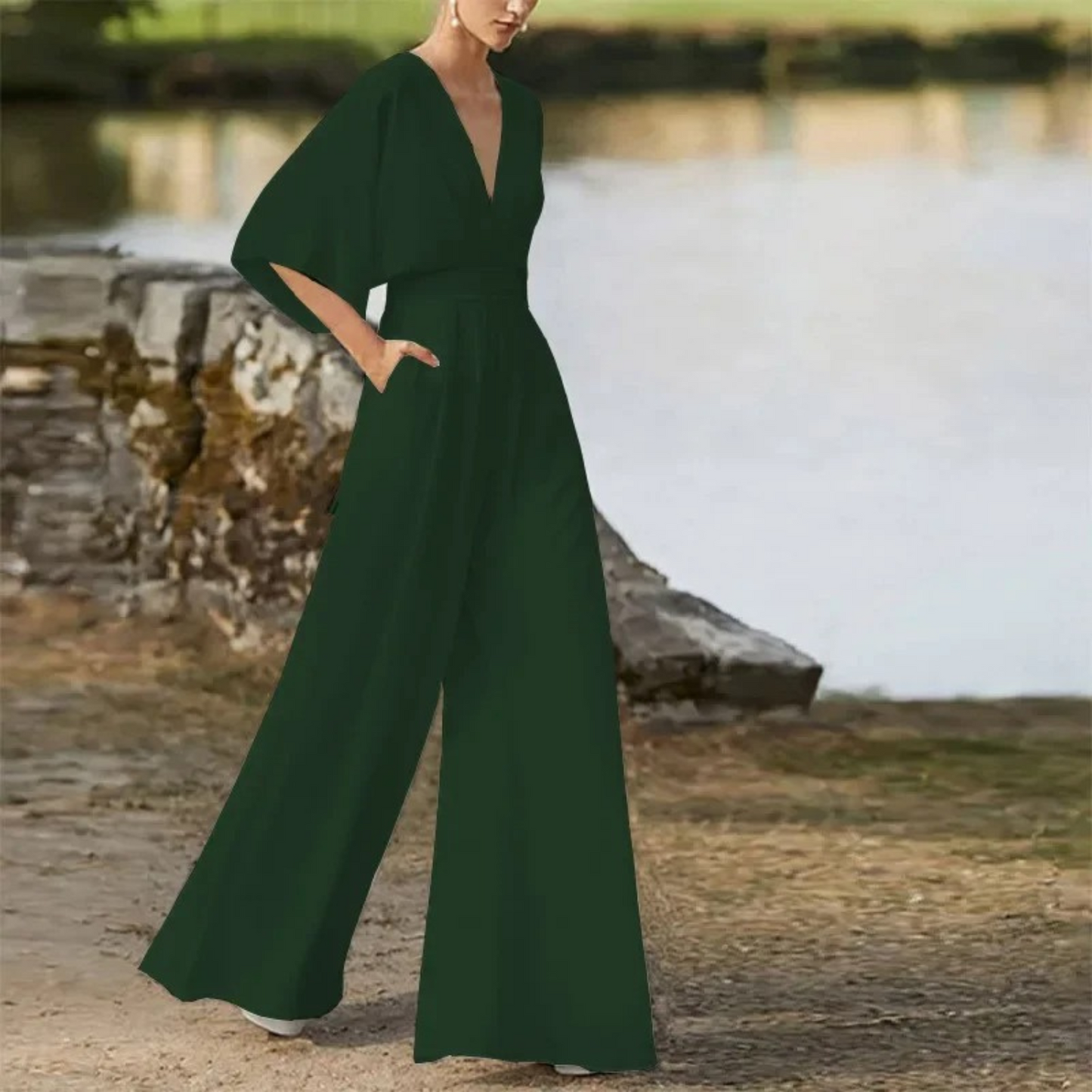 Jentry - Combinaison élégante à col en V avec pantalon ample
