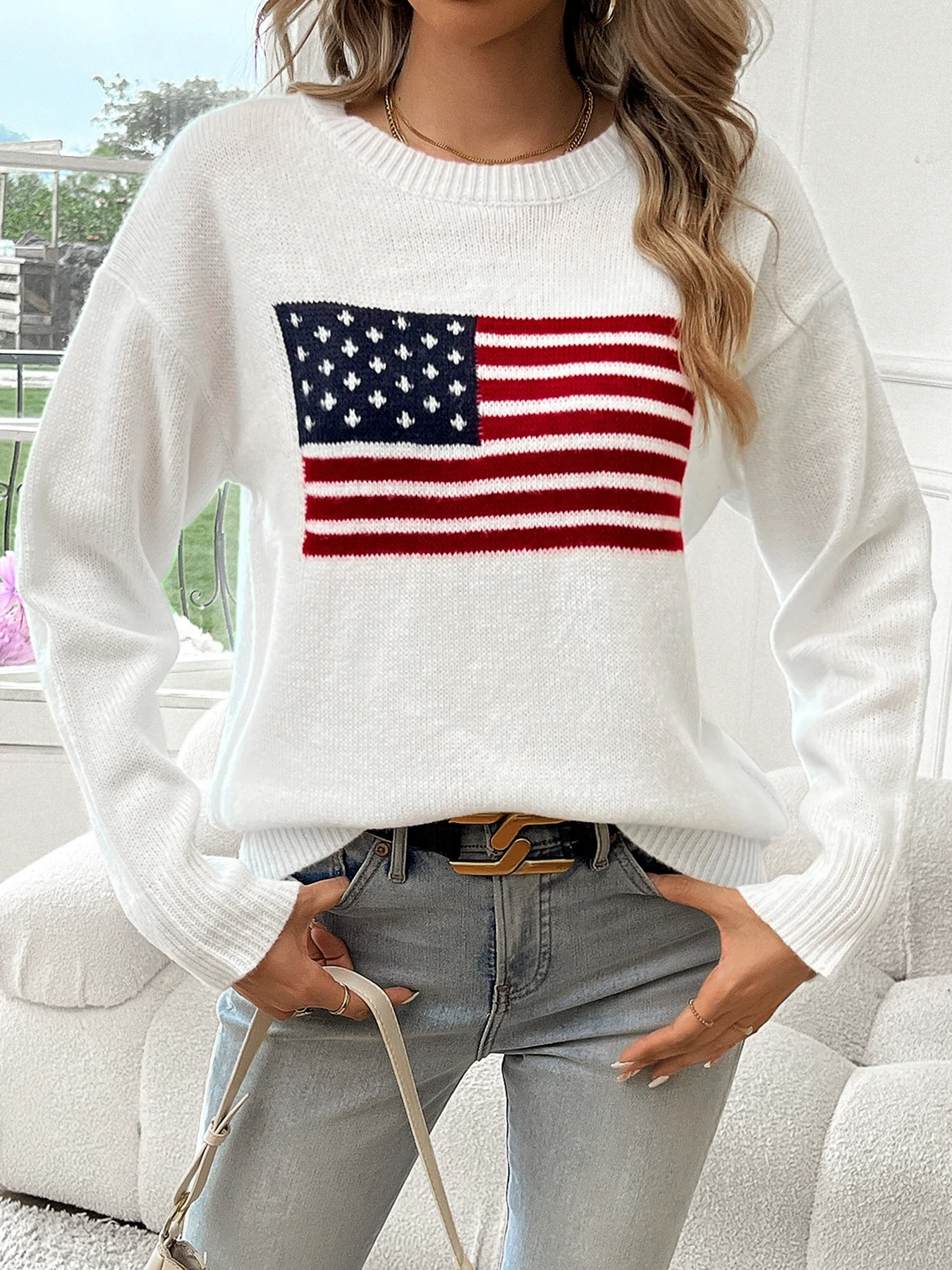 Nina - Pull Tricoté Décontracté Blanc avec Imprimé Drapeau Américain pour Femmes