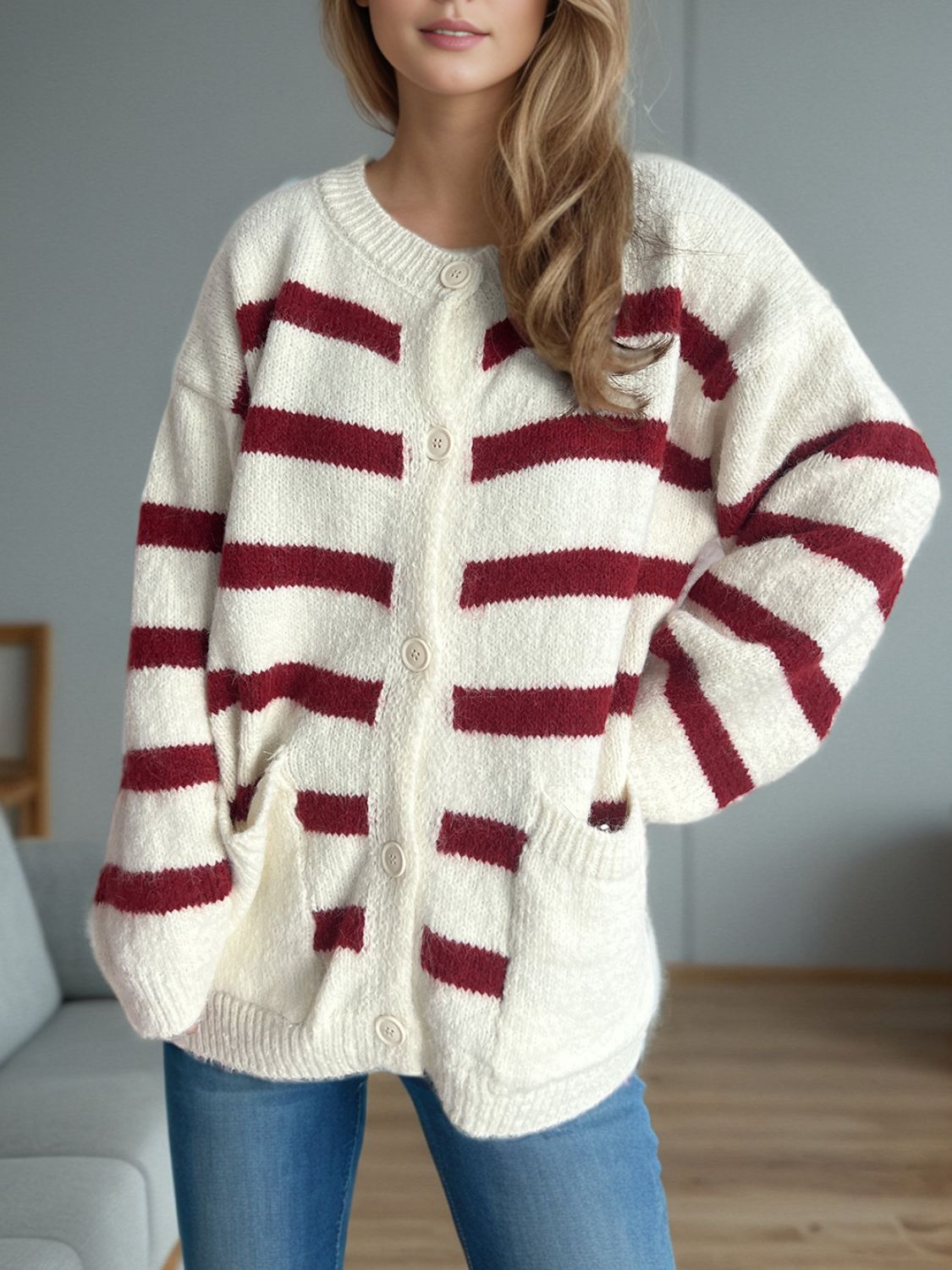 Lea - Cardigan à rayures boutonné et manches longues pour femme