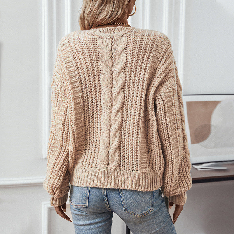 Amara - Pull en maille torsadée avec manches bouffantes et col V pour femme