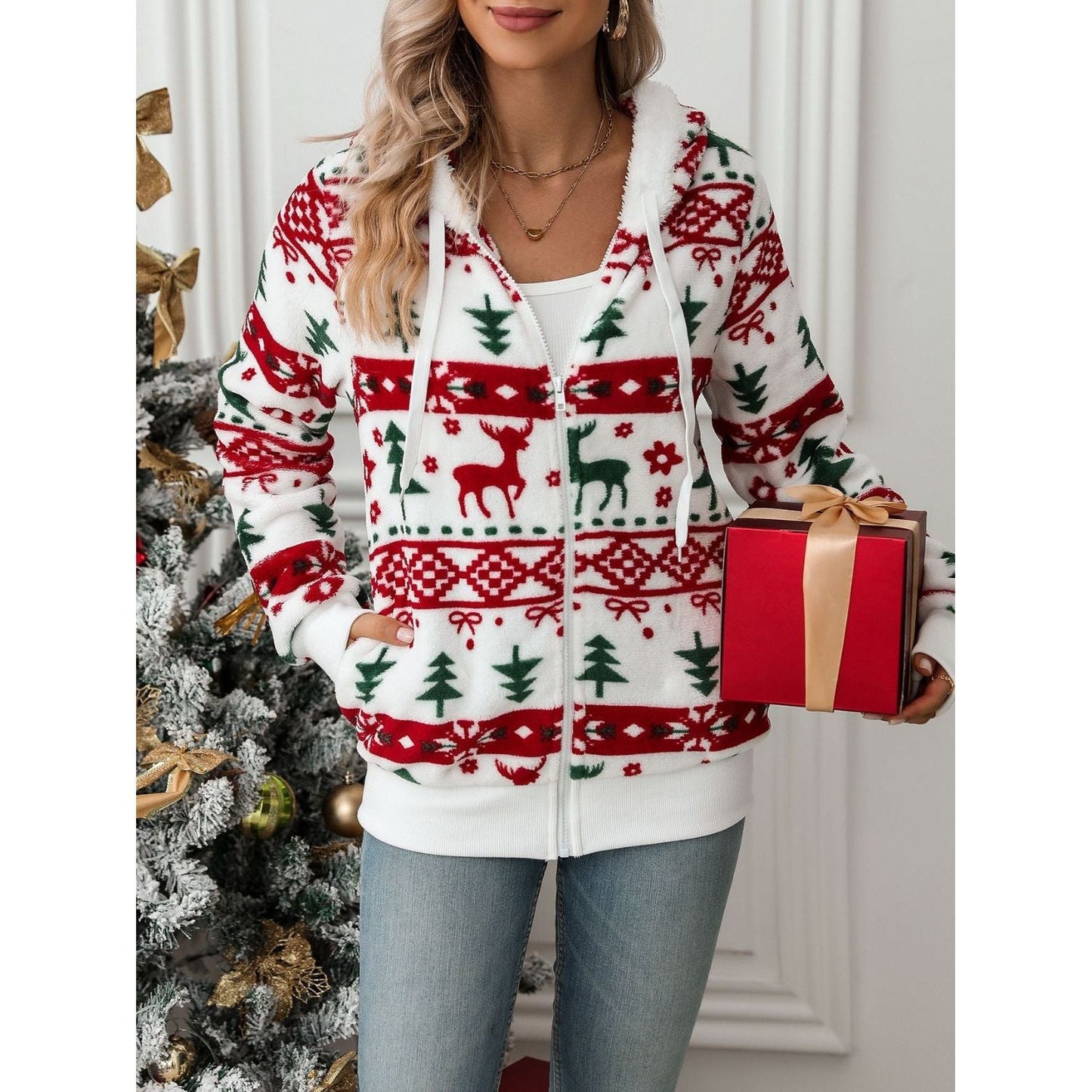 Lena - Blanc Veste de Noël à Capuche avec Fermeture Éclair pour Femme