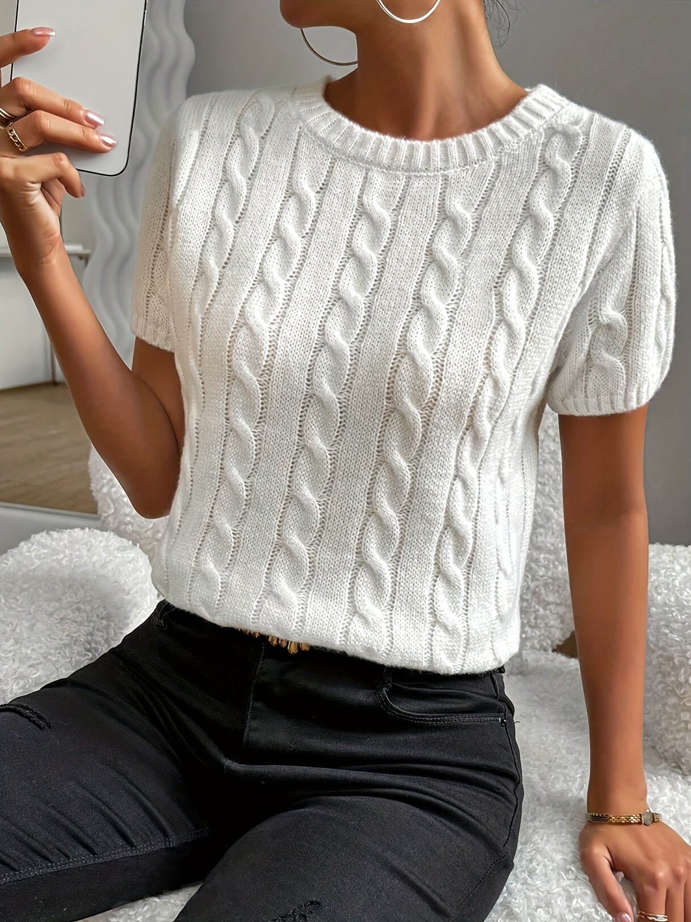 Greta - Haut Tricoté avec Motif Torsadé et Manches Courtes pour Femmes