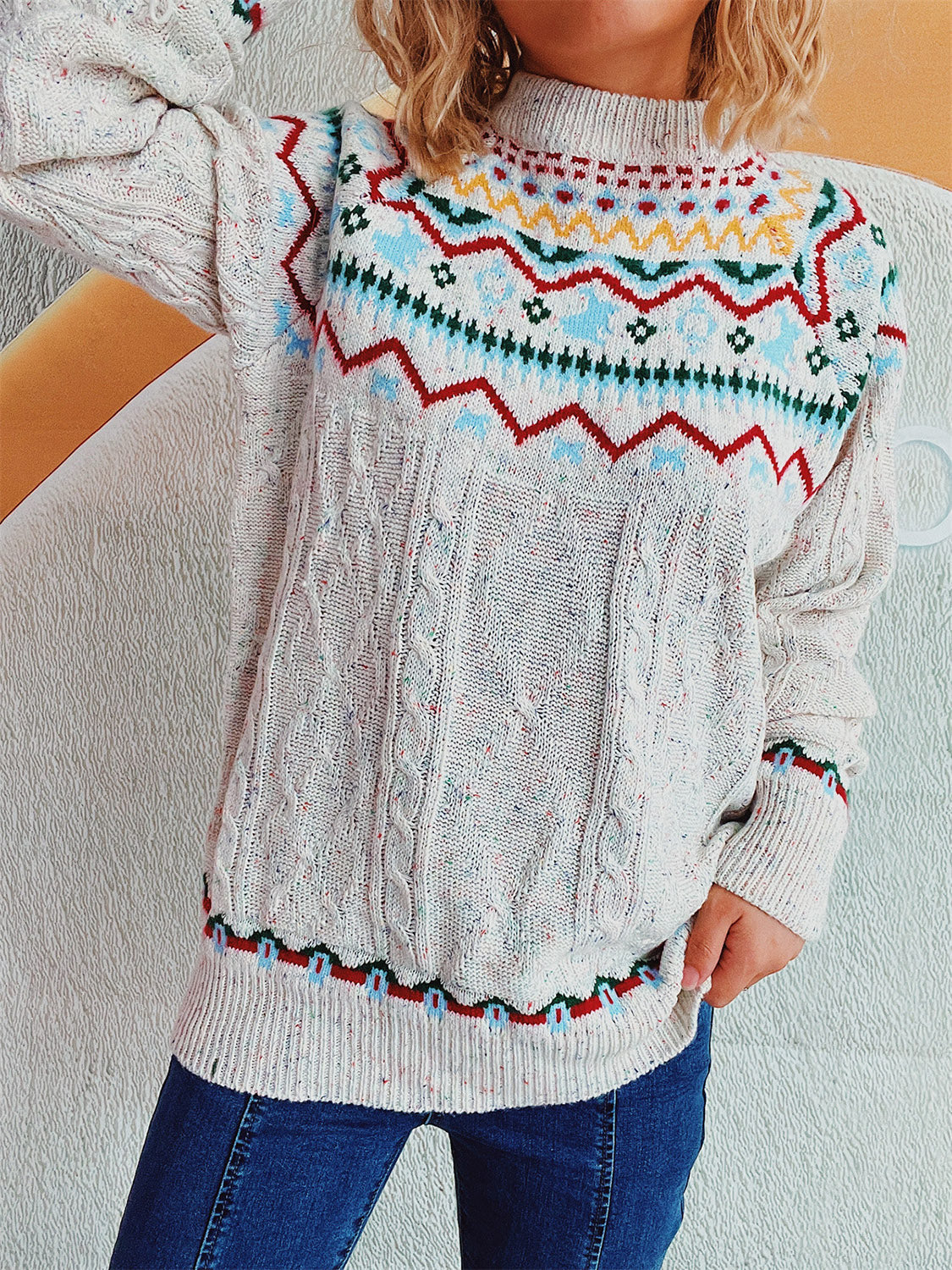 Diana - Pull en maille torsadée à col montant et manches longues pour femme